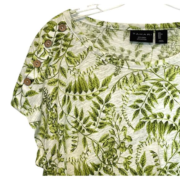 Tahari Leaf Print Top Womens Large Green Leafy Linen Lyocell Coastal Tee - Picture 2 of 6